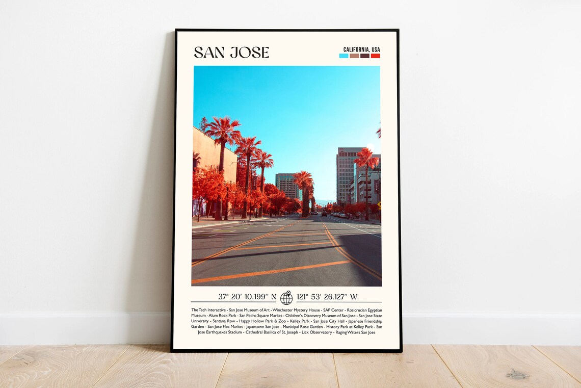 San Jose California Palm Street Travel Poster City Attractions List