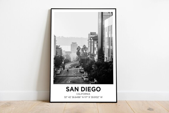 San Diego California Black and White City Street Photo Poster