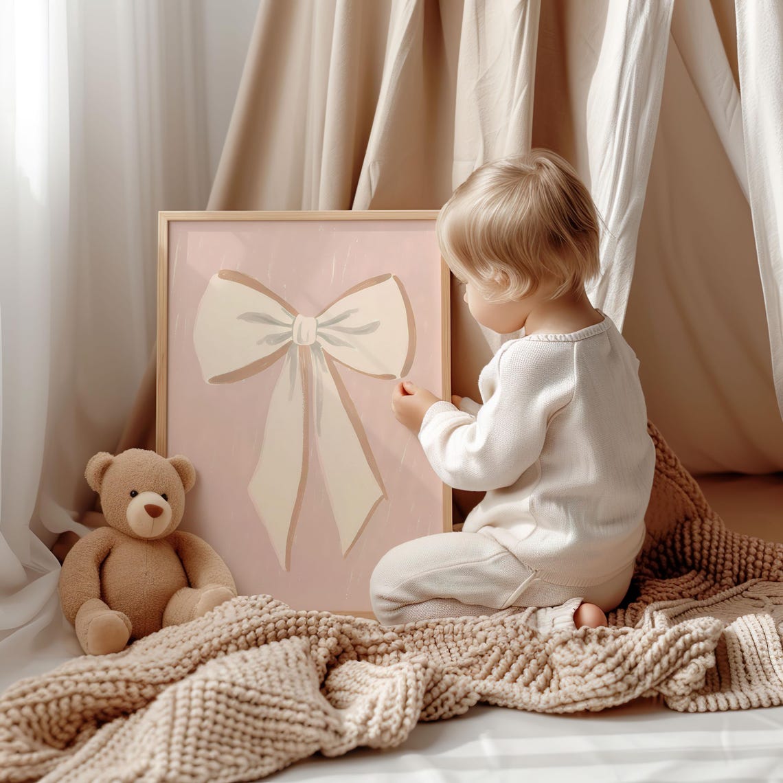 Cream Bow Soft Pink Coquette Elegant Minimalist Nursery Art Poster - Image 2