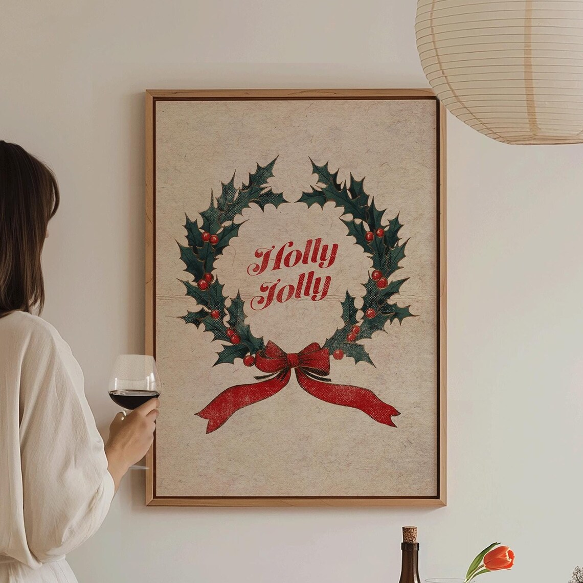 Holly Jolly Vintage Christmas Wreath Red Bow Retro Holiday Wall Art