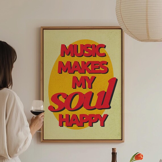 Music Makes My Soul Happy Red Retro Music Quote Wall Art Poster