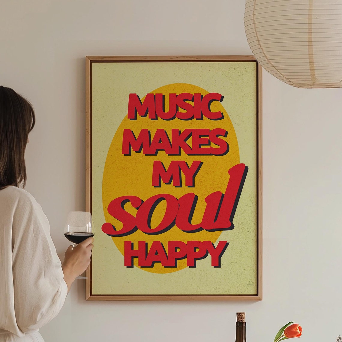 Music Makes My Soul Happy Red Retro Music Quote Wall Art Poster