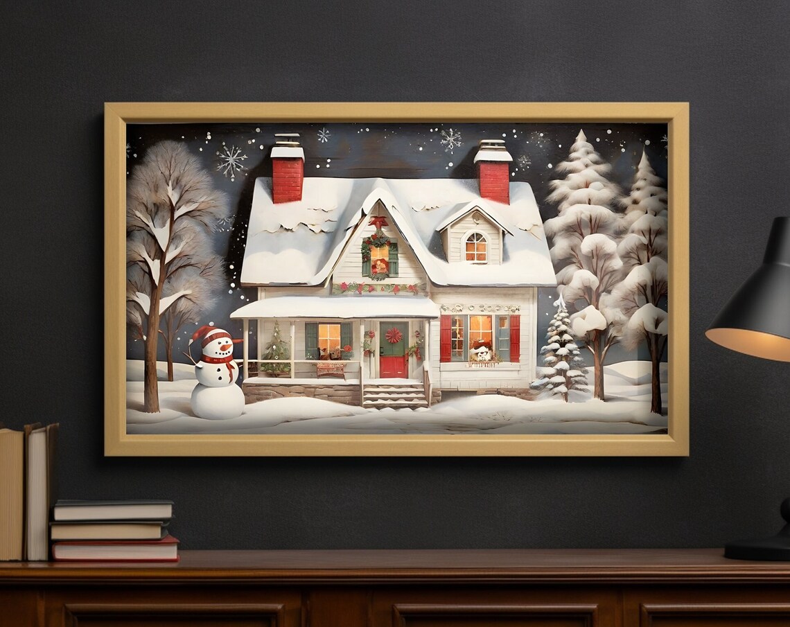 Snowy Christmas Cottage With Snowman Cozy Winter Night Art Poster