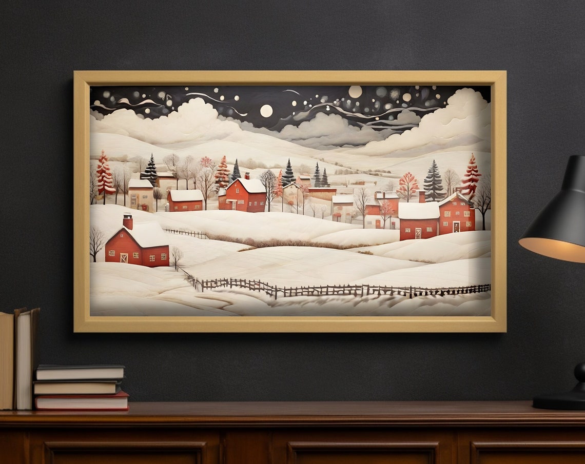 Snowy Valley Red Barns Moonlit Clouds Winter Christmas Night Poster