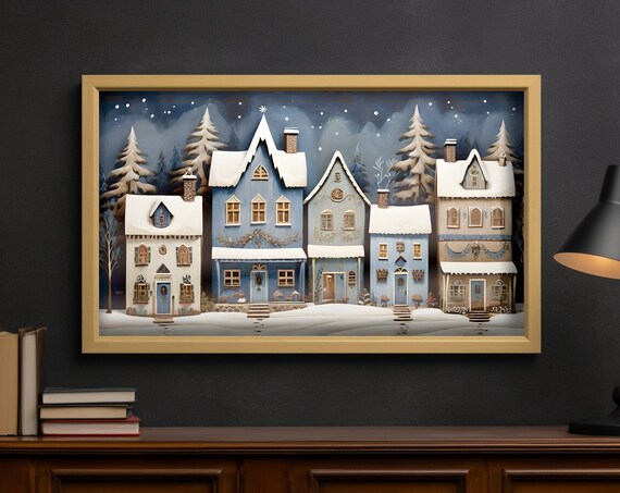 Serene Snowy Blue Winter Village Night Paper Cut Scene Poster