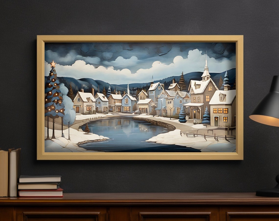 Snowy Christmas Village By Lake At Dusk Panoramic Wall Art Poster