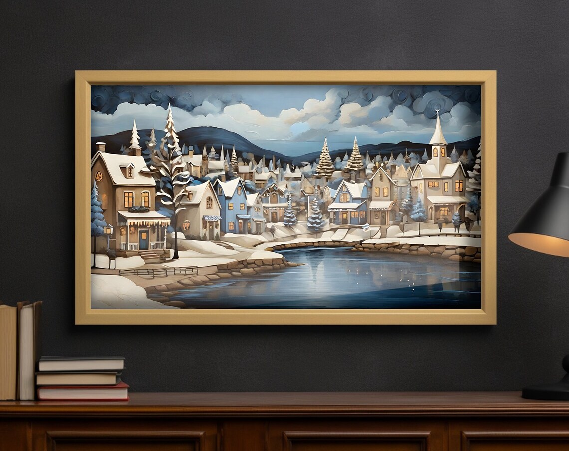 Snowy Winter Town By Frozen River Blue Dusk Town Panorama Poster
