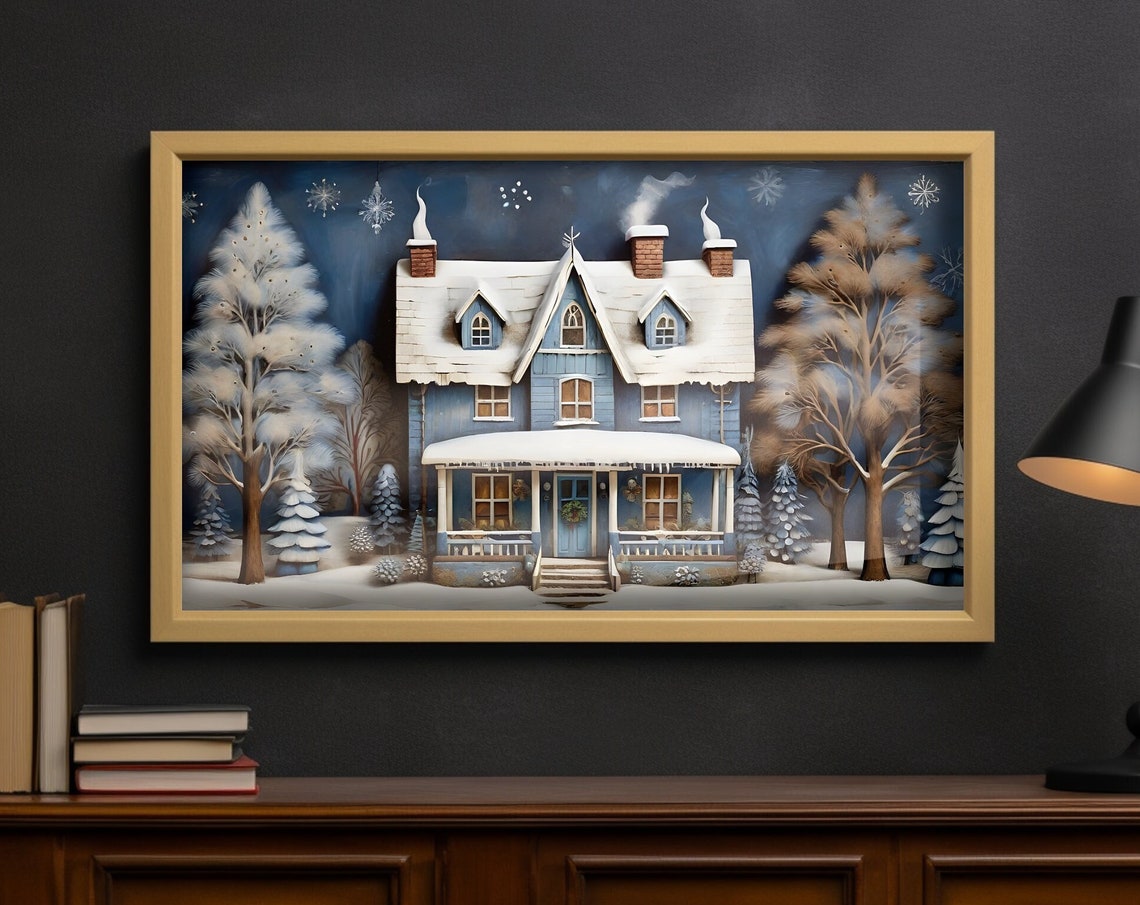 Snowy Blue Victorian House Folk Art Winter Night Scene Wall Art