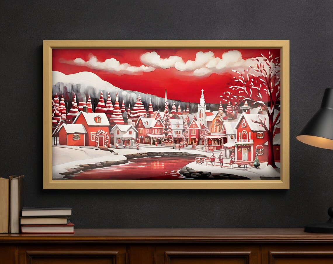 Red Christmas Village At Night By Red Lake Panoramic Wall Art Poster