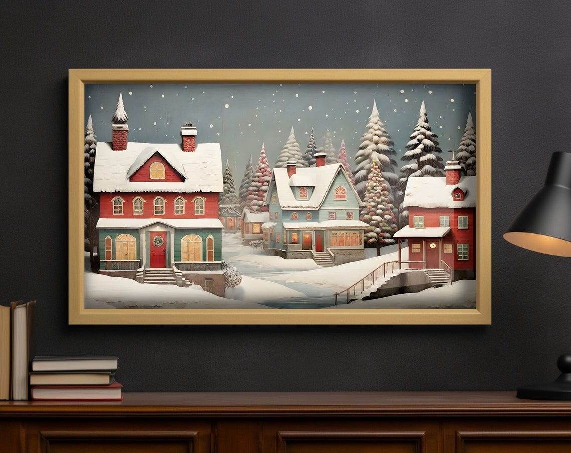 Folk Art Snowy Christmas Village Red Houses Winter Trees Poster