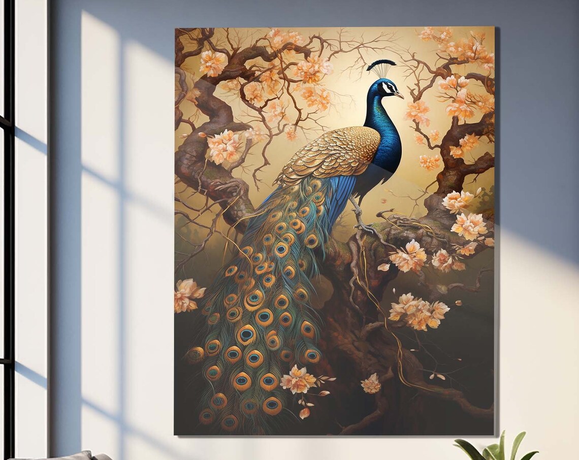 Gorgeous Peacock Blossoming Branch Gold Tones Bird Plumage Art Poster