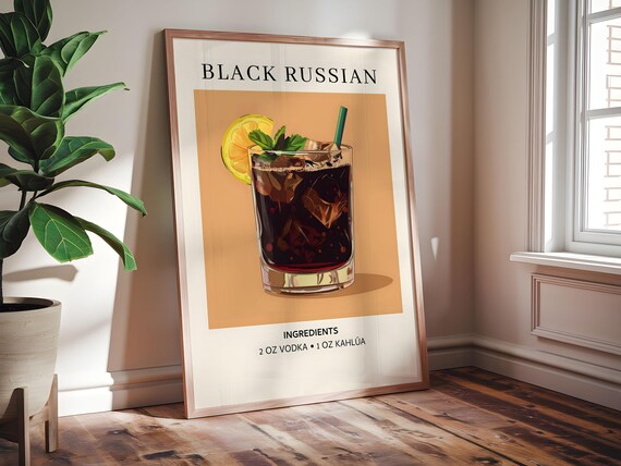 Black Russian Cocktail Recipe Retro Bar Ingredient Wall Poster