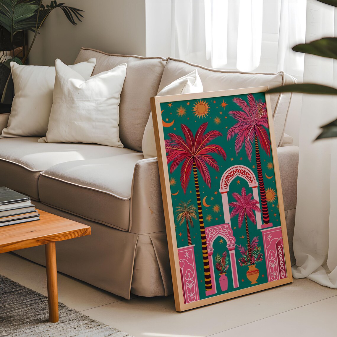 Retro Palms Tropical Art Print, Luxury Pine Wood Frame - Image 8