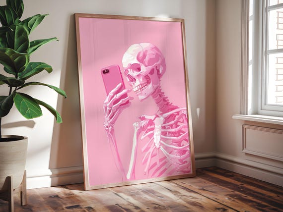Humorous Skeleton On Phone Addiction Poster Framed Ready To Hang Art