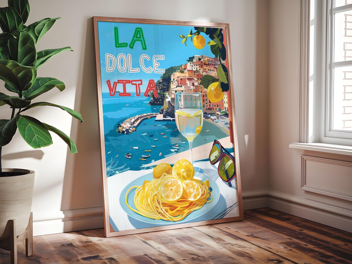 La Dolce Vita Italian Coastal Pasta And Wine Illustrated Food Poster