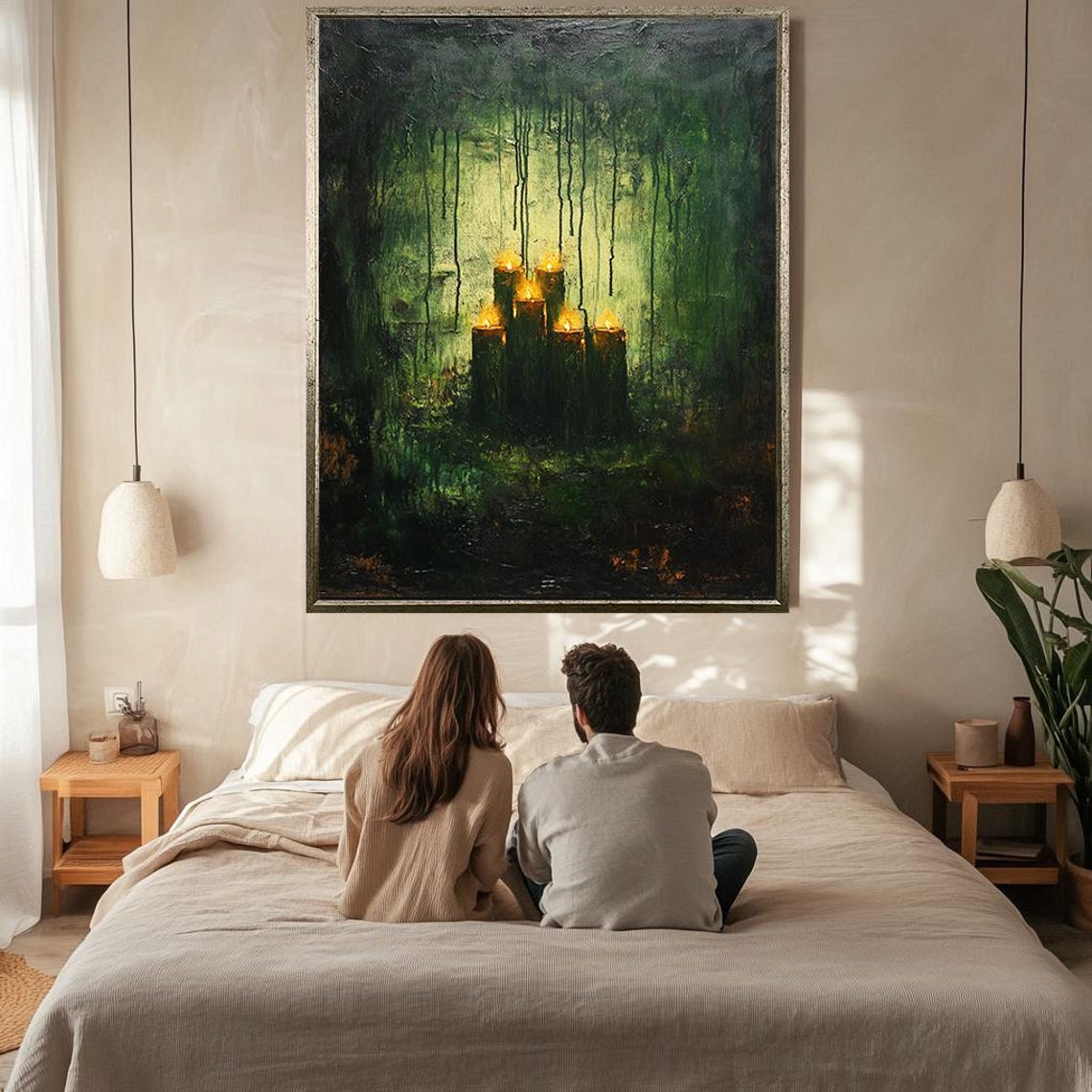 Mystical Candlelit Forest Dark Green Surreal Moody Light Wall Art - Image 2