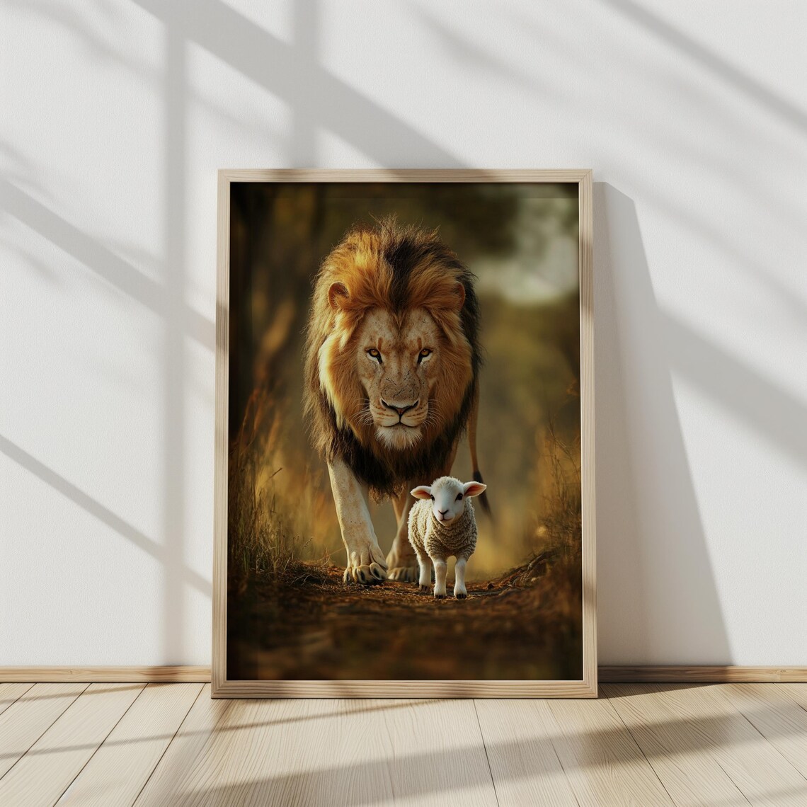Lion And Lamb Walking Golden Savanna Light Framed Faith Artwork Poster - Image 2
