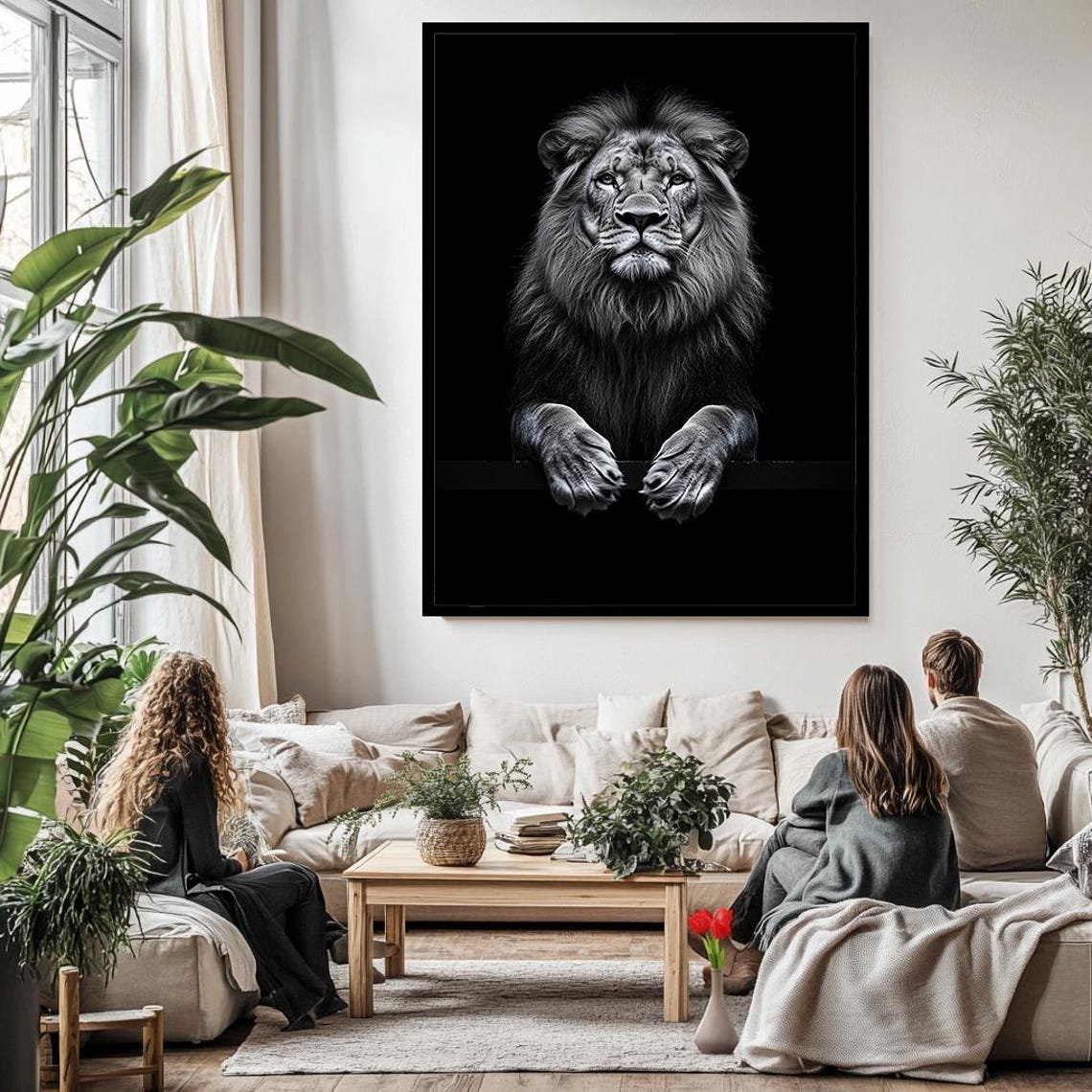 Black And White Lion Paws On Ledge Dark Dramatic Majestic Poster - Image 3