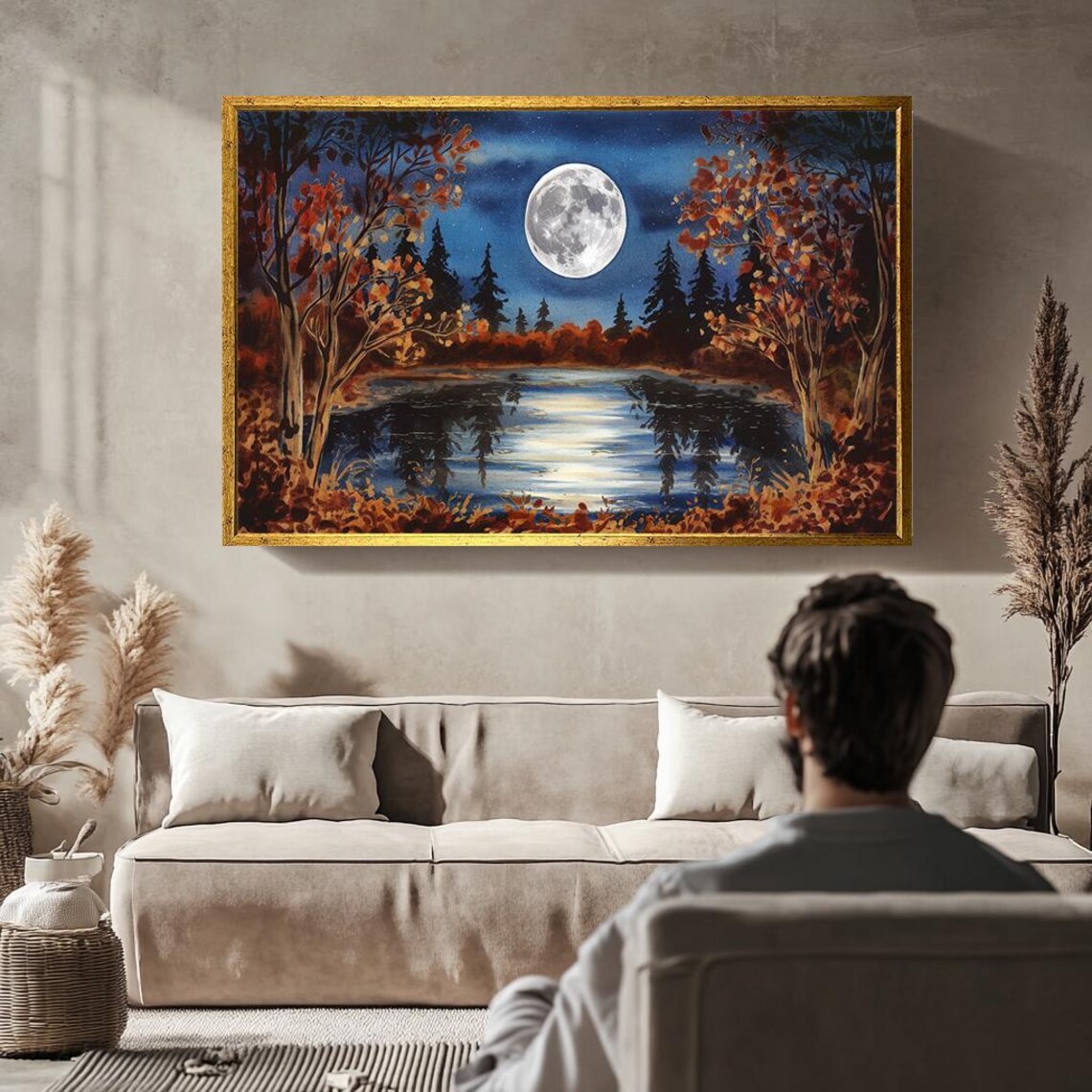 Full Moon Autumn Night Lake Watercolor Forest Landscape Wall Poster - Image 4