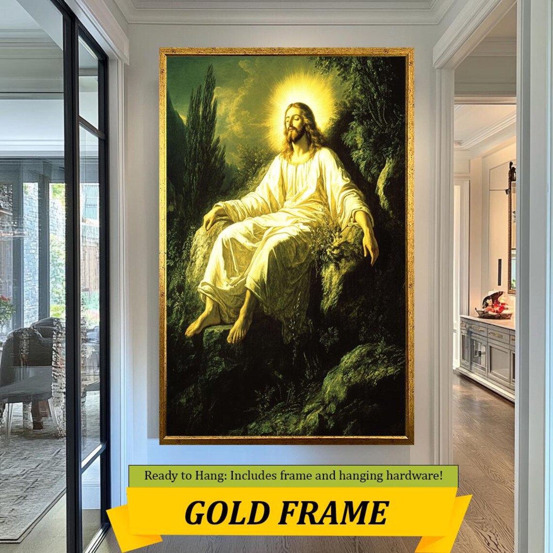 Jesus Seated In Peaceful Garden Glowing Halo Sacred Contemplation Poster - Image 5