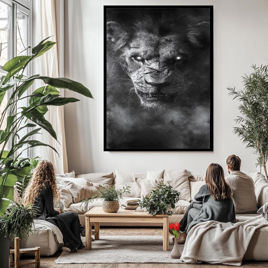 Fierce Black And White Lion Face Close Up Glowing Eyes Smoke Poster - Image 3