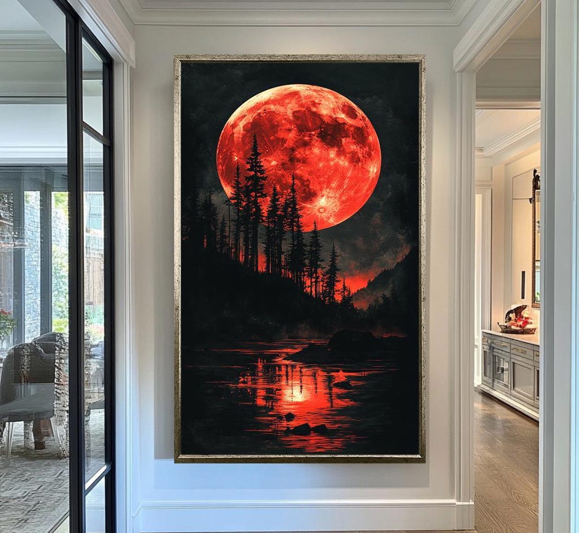 Blood Red Moon Over Pine Forest Lake Night Reflection Gothic Poster