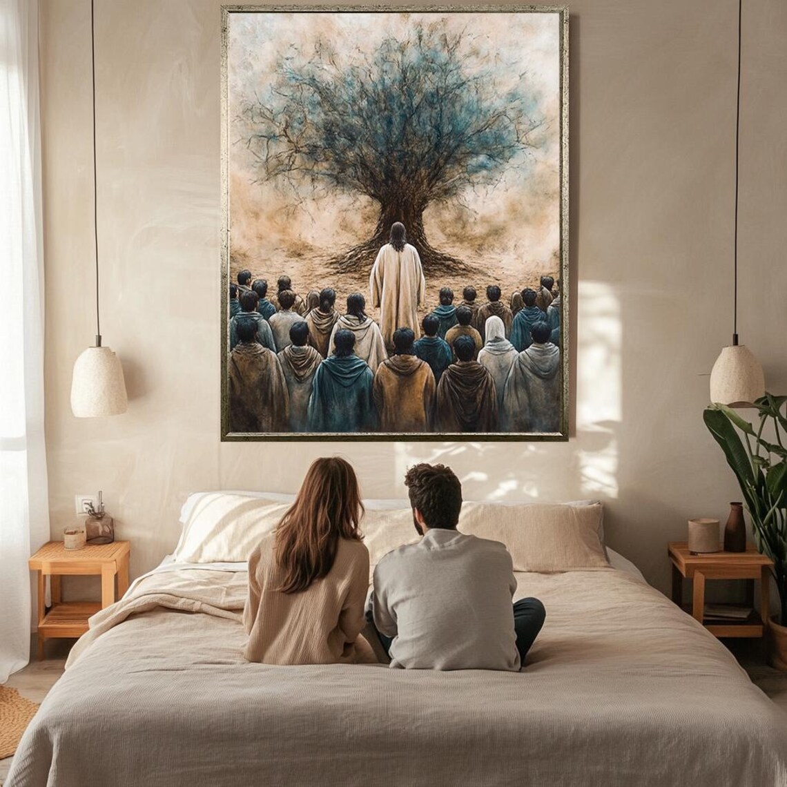 Jesus Teaching Followers Beneath Large Olive Tree Muted Watercolor Print - Image 2
