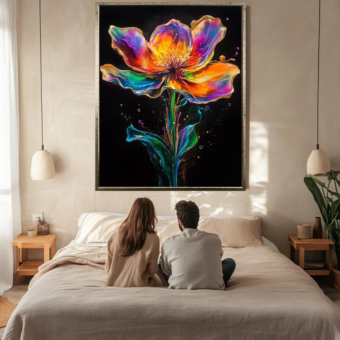 Vibrant Multicolor Flower Ink Art Black Background Bold Floral Poster - Image 2