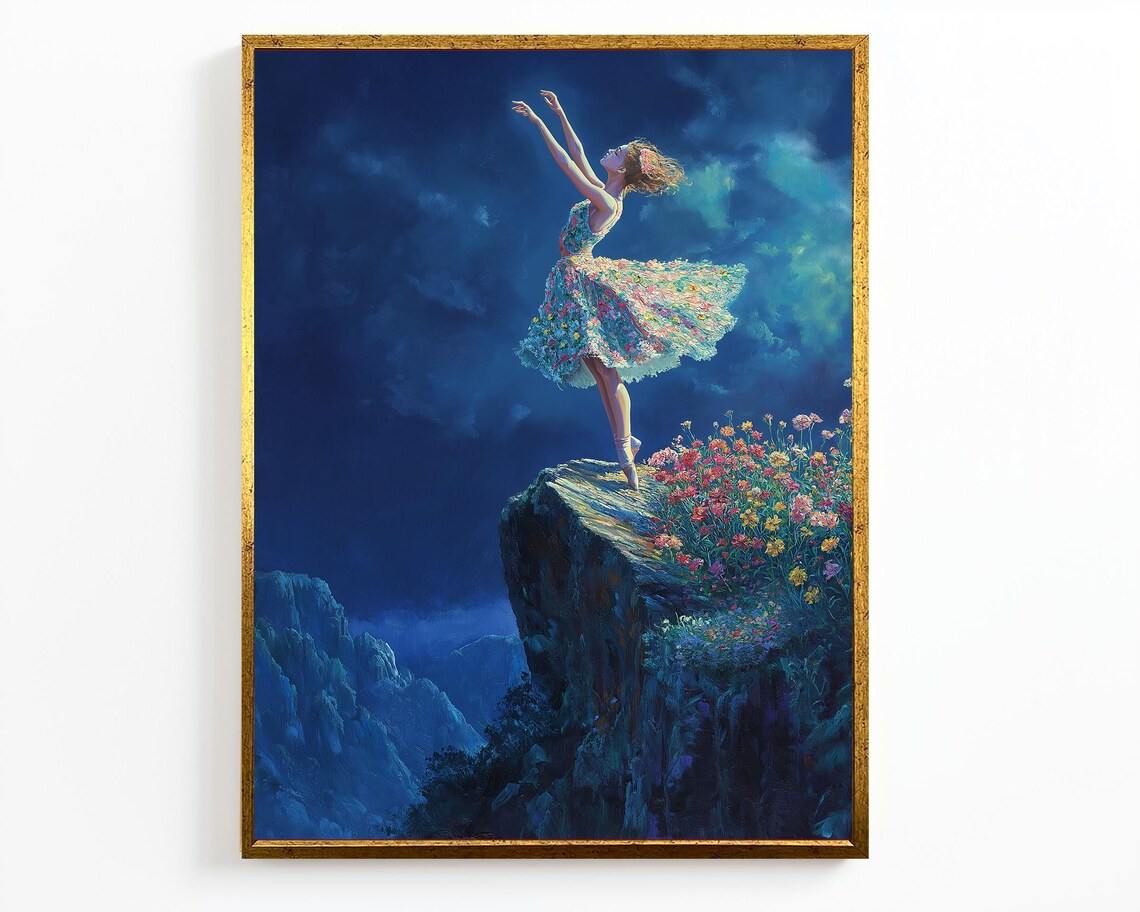Ballerina Dancing Moonlit Cliff Floral Dress Dreamy Night Art Poster - Image 4
