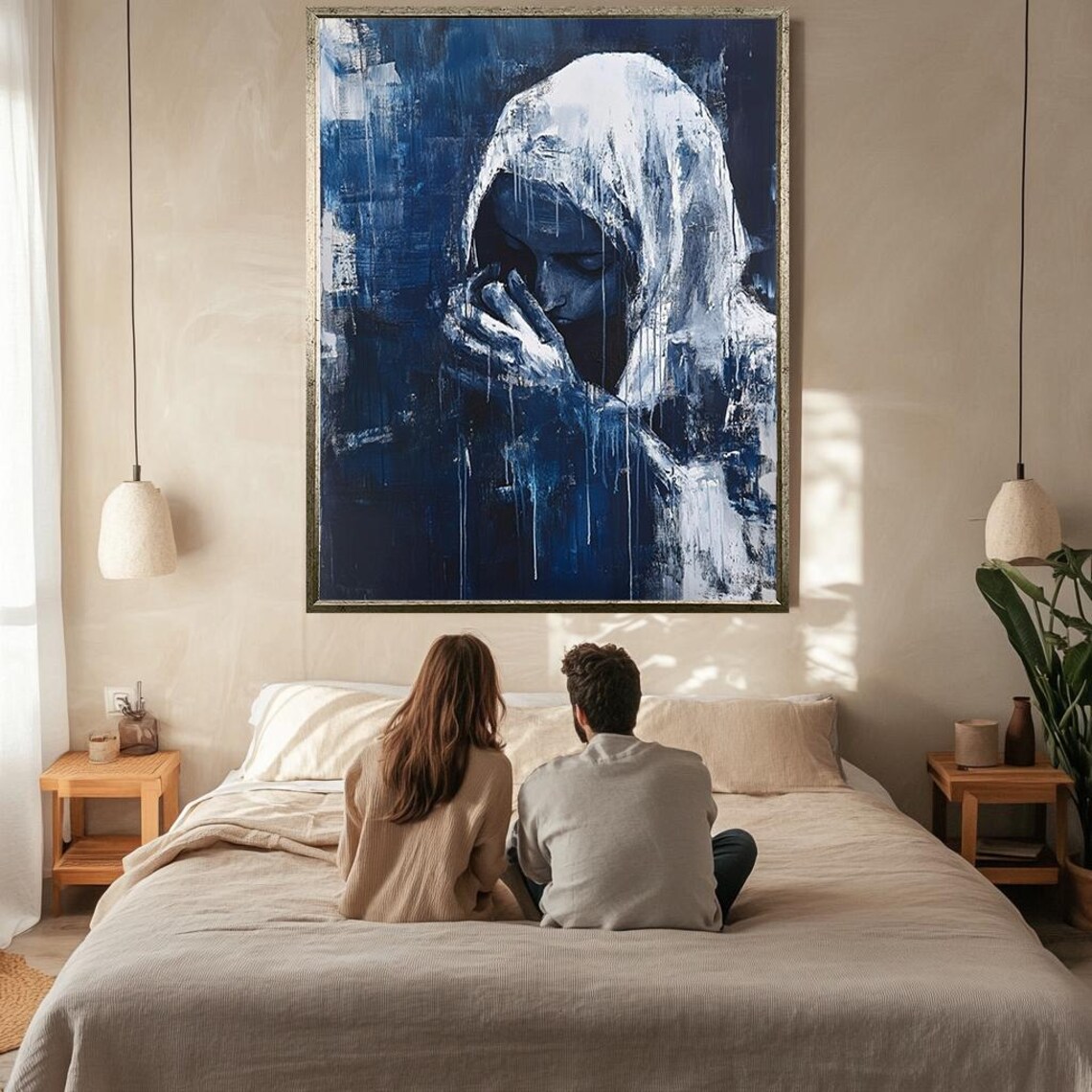 Veiled Woman Praying Blue Monochrome Abstract Spiritual Art Poster - Image 2