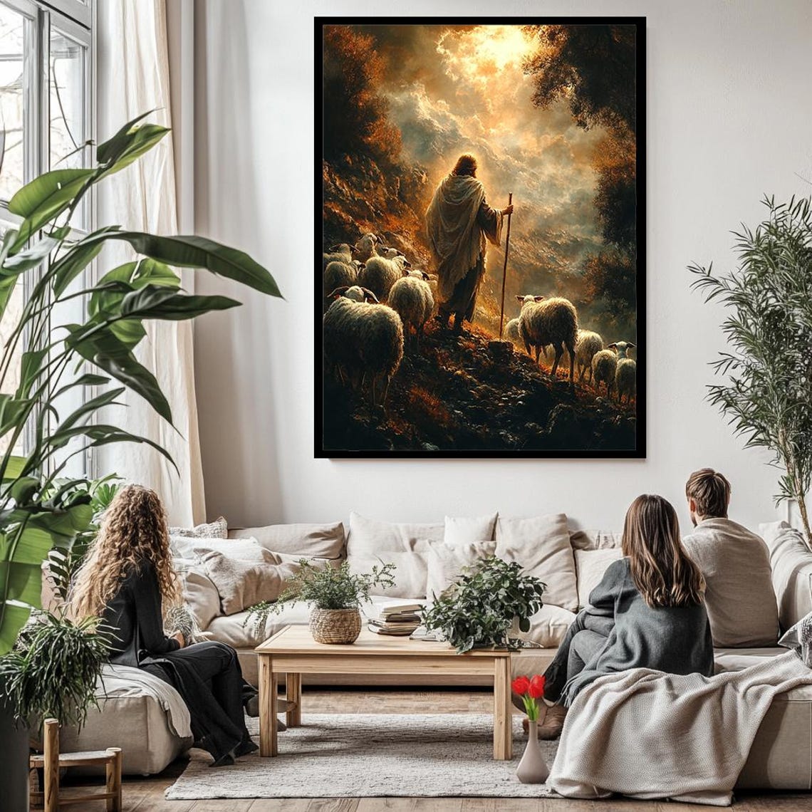 Good Shepherd Jesus Leading Flock Down Mountain At Dusk Poster - Image 3