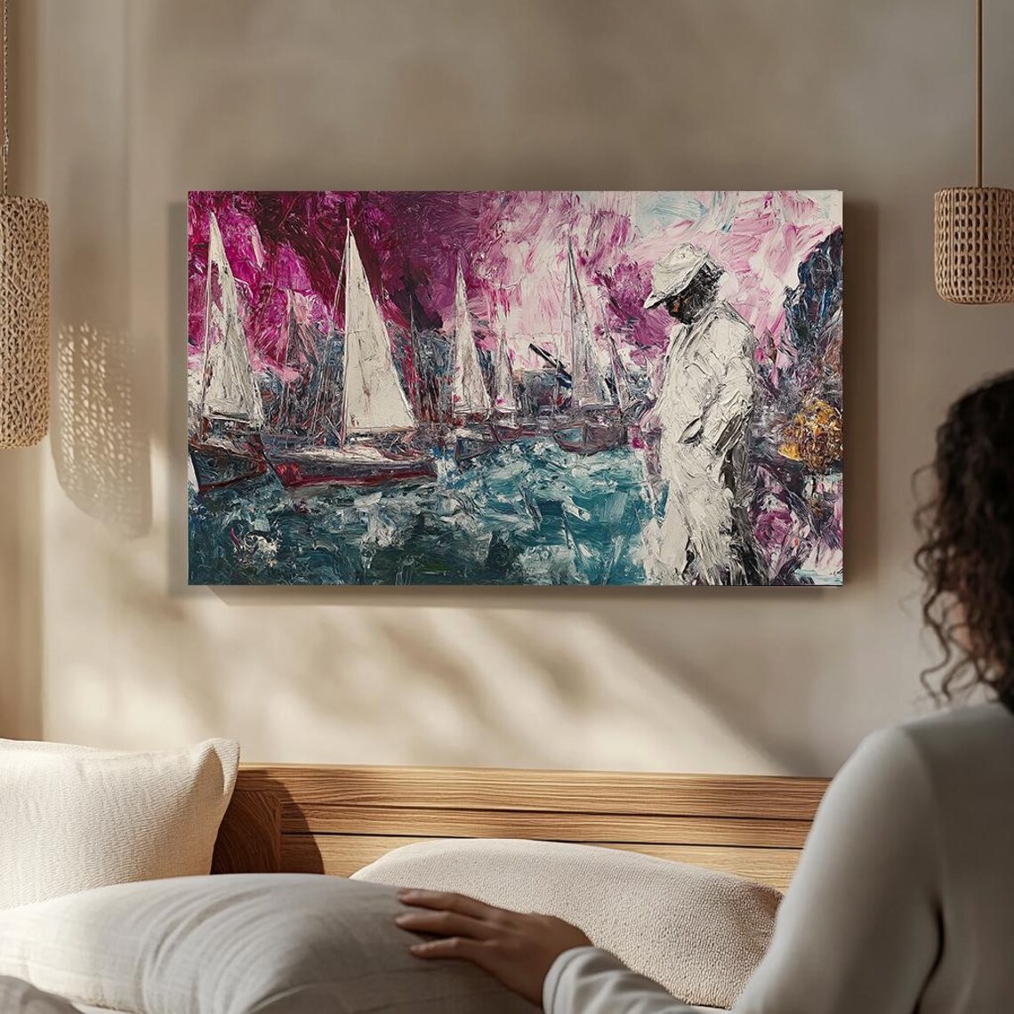 Sailboats And Sailor Figure Pink Teal Impasto Nautical Coastal Poster - Image 4