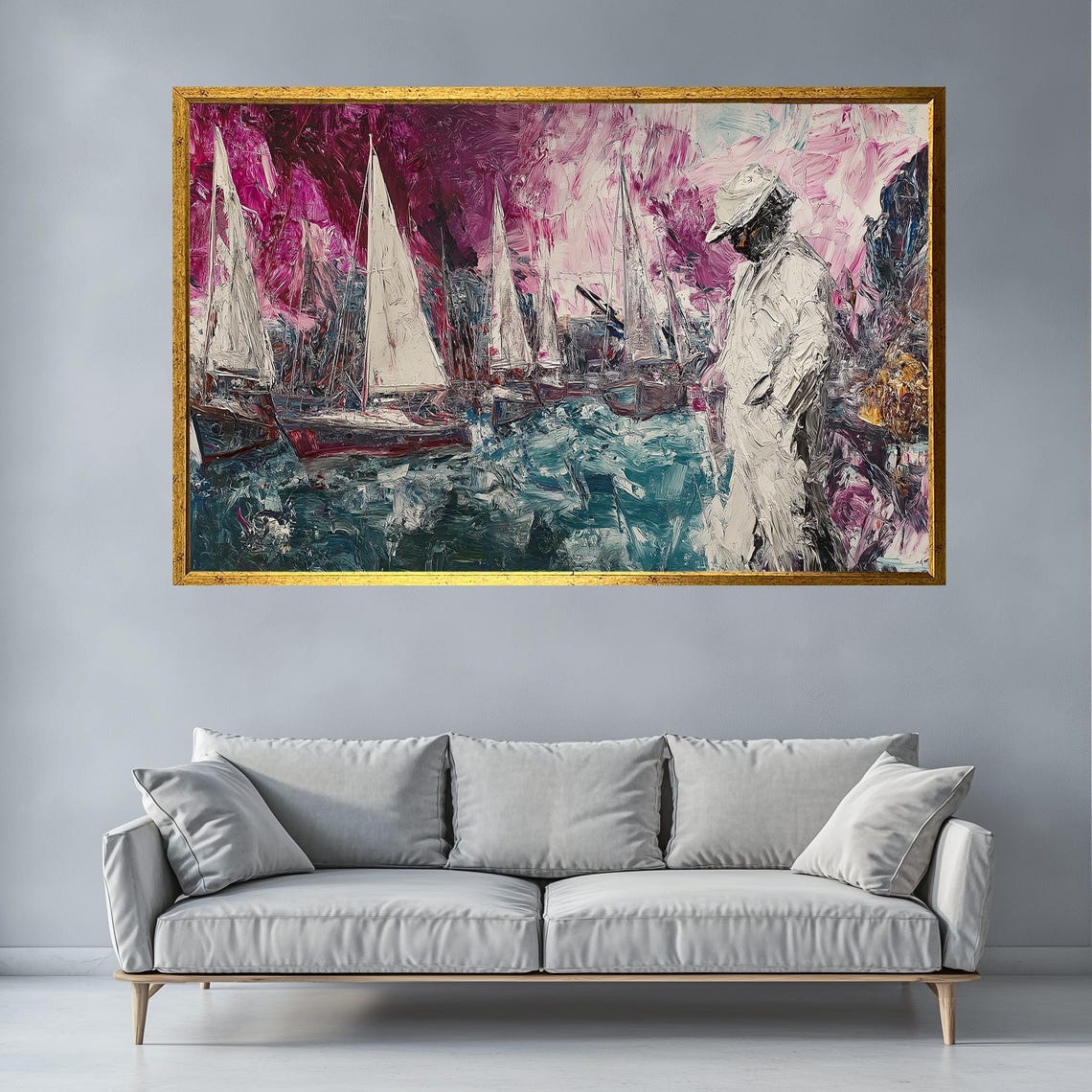 Sailboats And Sailor Figure Pink Teal Impasto Nautical Coastal Poster - Image 5