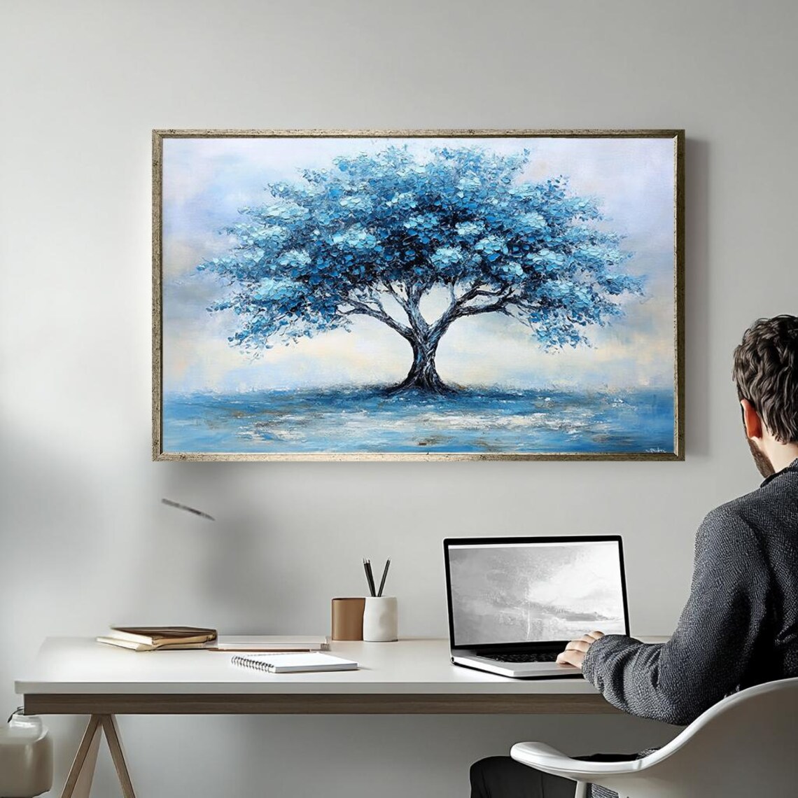 Elegant Blue Tree Art Textured Palette Knife Painting Modern Abstract Tree Wall Decor Serene Nature Artwork For Home - Image 5