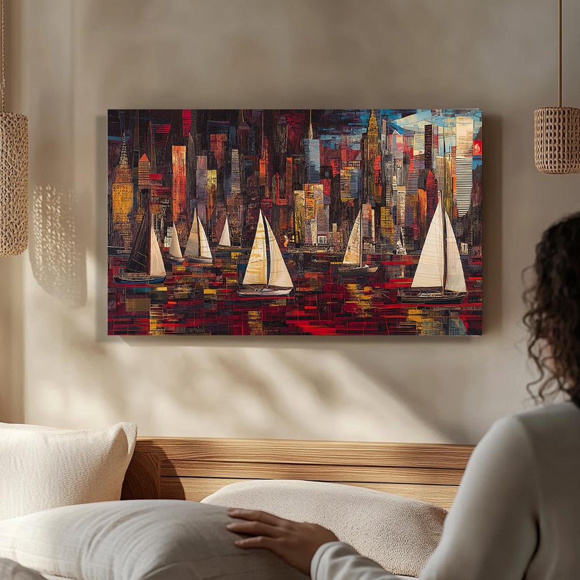 City Skyline Sailboats Harbor Red Abstract Urban Nautical Art Poster - Image 4