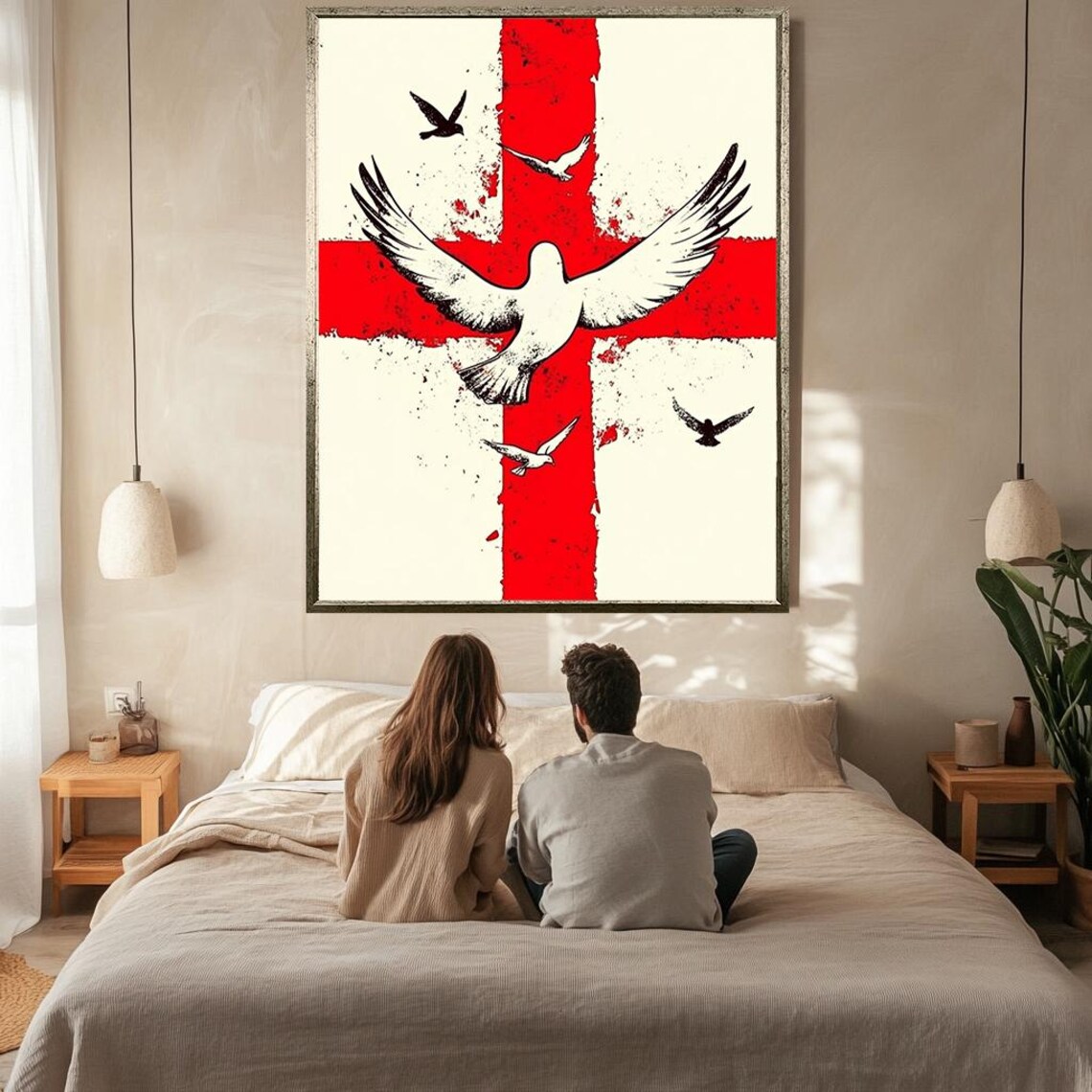 Red Cross White Dove Flying Birds Bold Peace Symbol Art Poster - Image 2