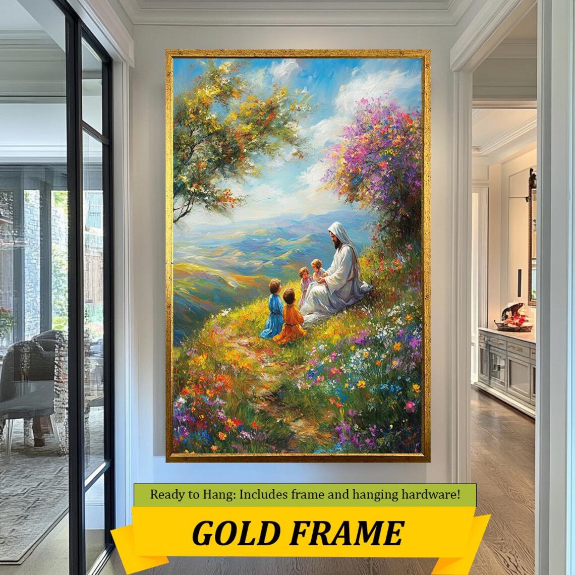 Jesus With Children On Flower Covered Hillside Valley Vista Art Print - Image 5