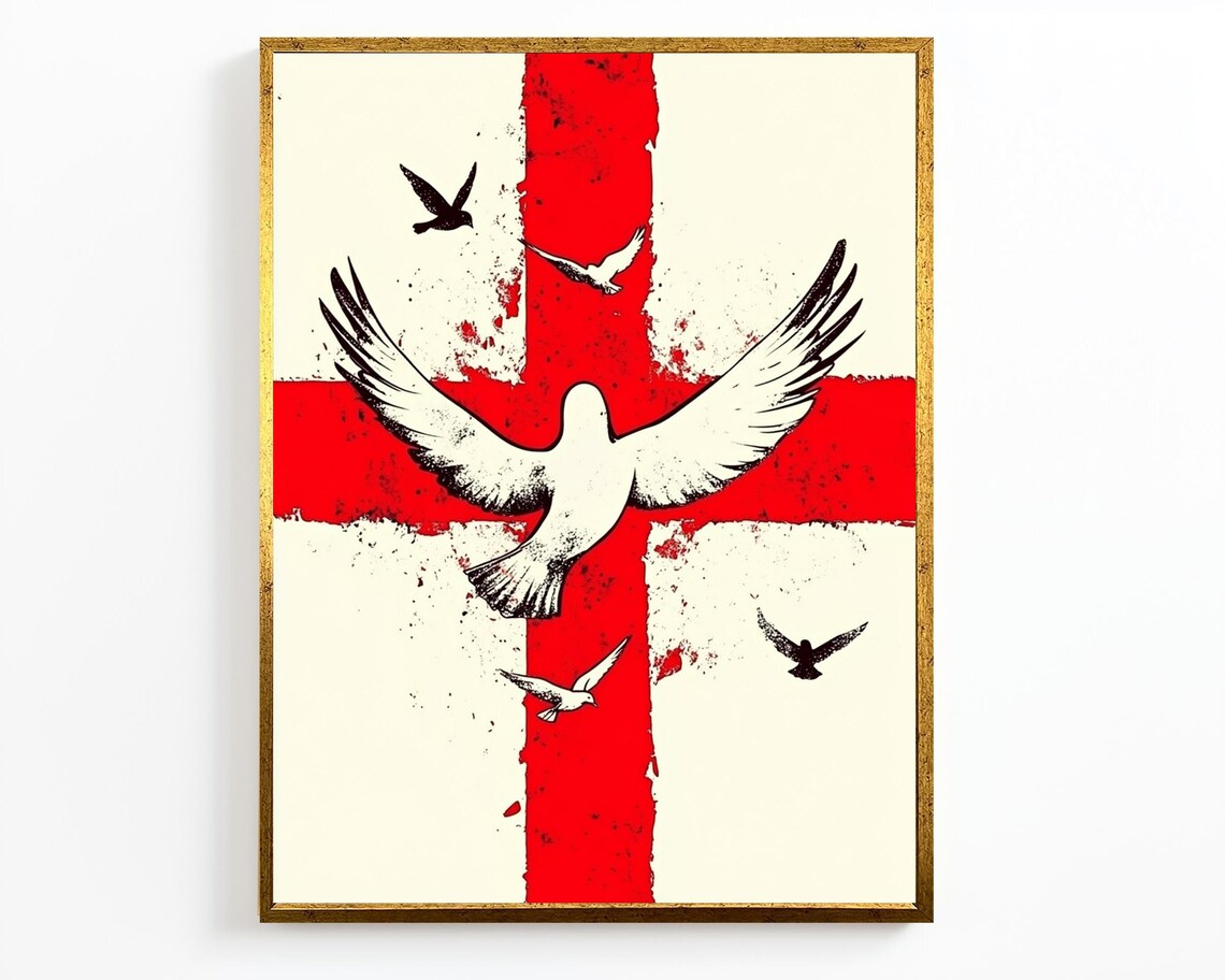 Red Cross White Dove Flying Birds Bold Peace Symbol Art Poster - Image 4