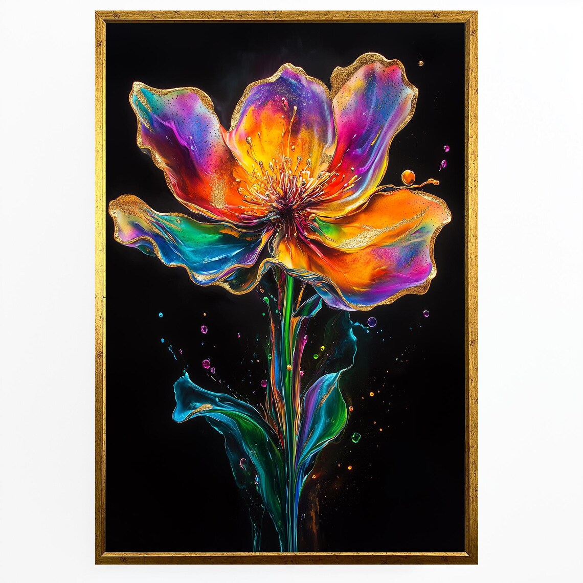 Vibrant Multicolor Flower Ink Art Black Background Bold Floral Poster - Image 4