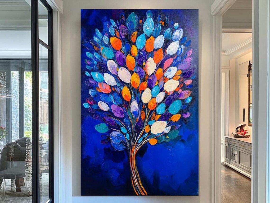 Tree Of Life Colorful Leaves On Deep Blue Textured Nature Poster