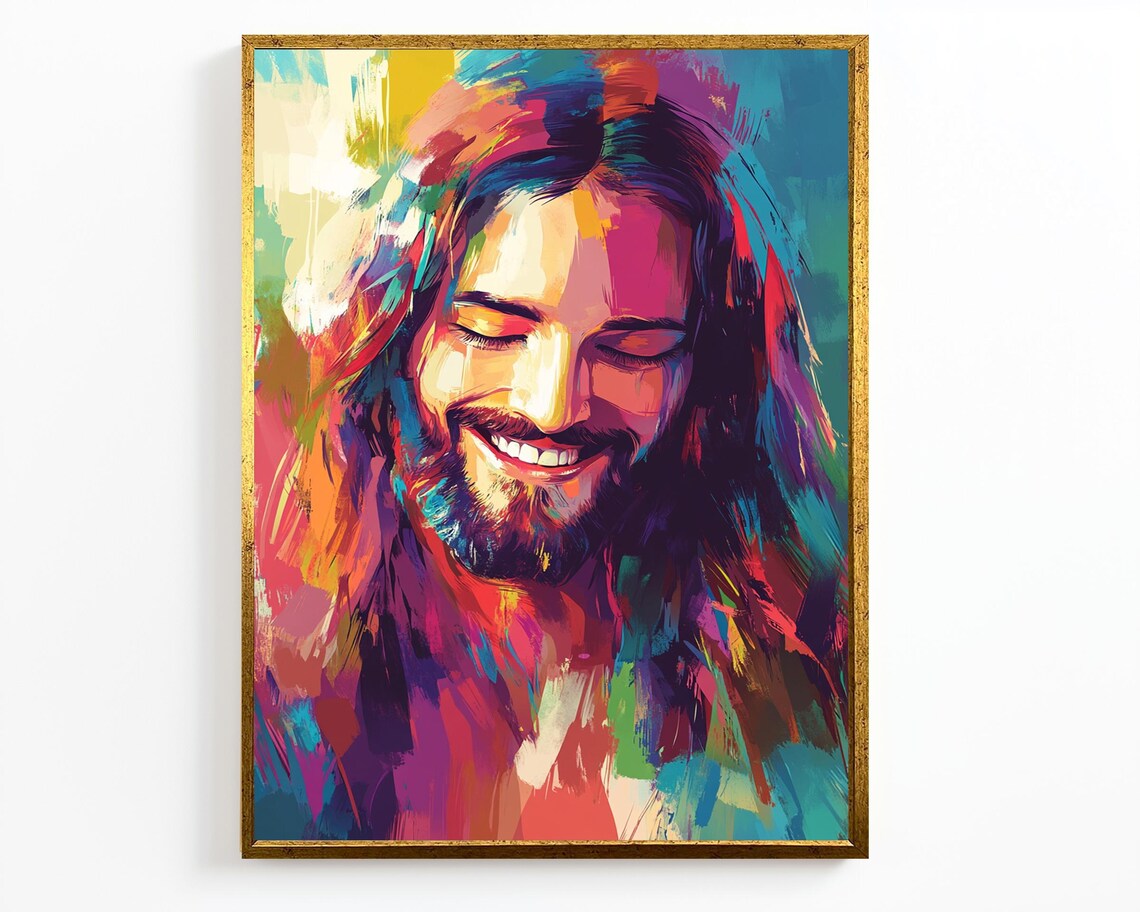 Jesus Christ Colorful Abstract Smiling Portrait Modern Joyful Wall Poster - Image 4
