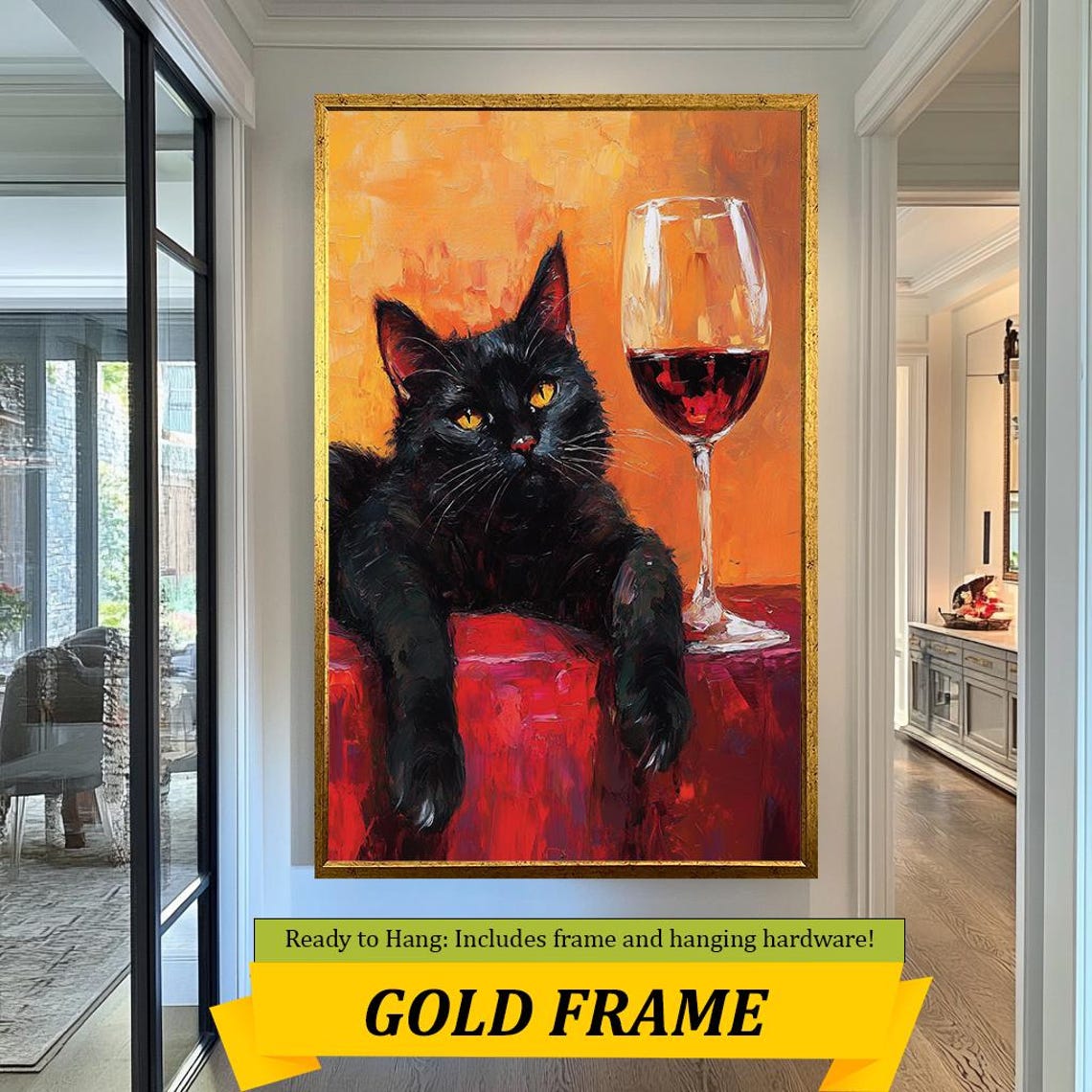 Black Cat With Red Wine Glass Fun Impasto Feline Painting Poster - Image 5