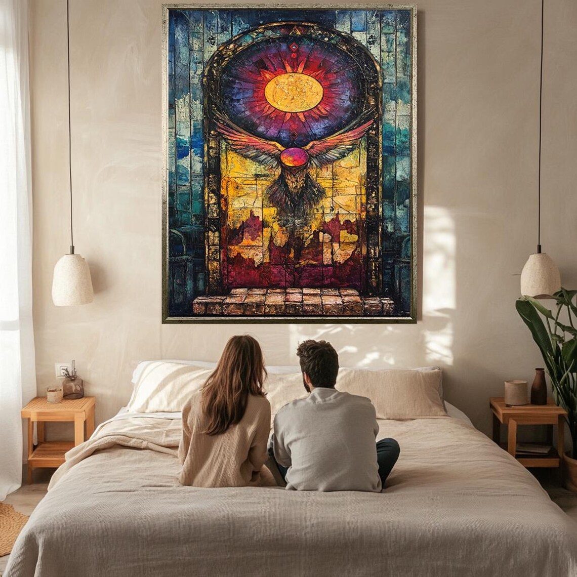 Mystical Sun And Wings Archway Stained Glass Vibrant Mosaic Wall Art - Image 2