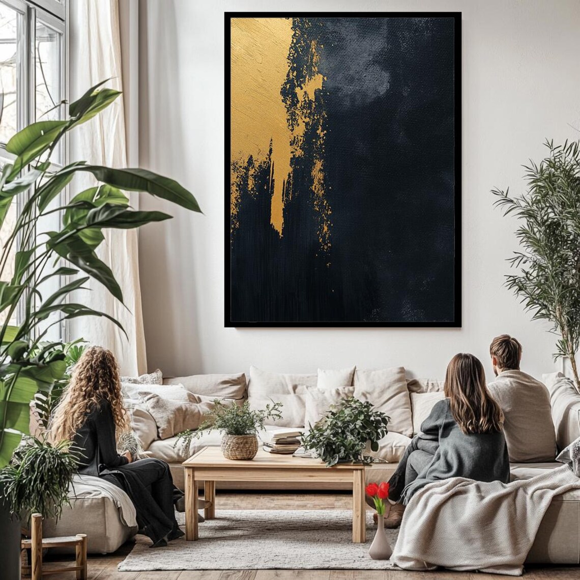 Minimalist Gold And Black Textured Wall Art Elegant Abstract Painting For Modern Home Decor - Image 3