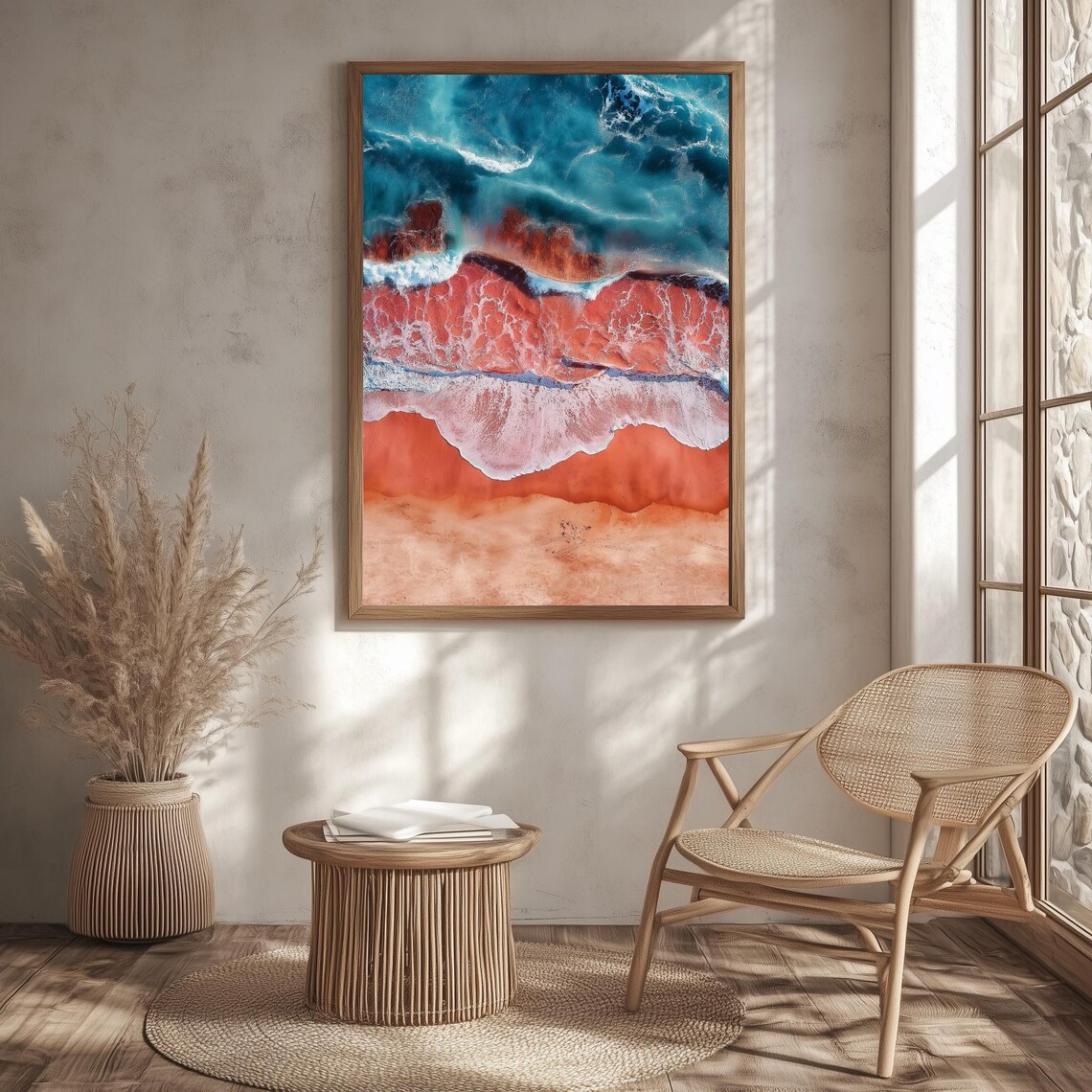 Aerial Ocean Waves Red Sand Beach Turquoise Surf Coast Travel Poster - Image 3