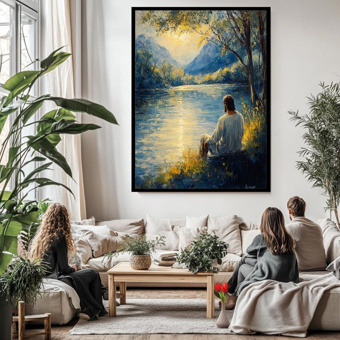 Jesus Christ Peaceful Lake Mountain Prayer Meditation Faith Art Poster - Image 3
