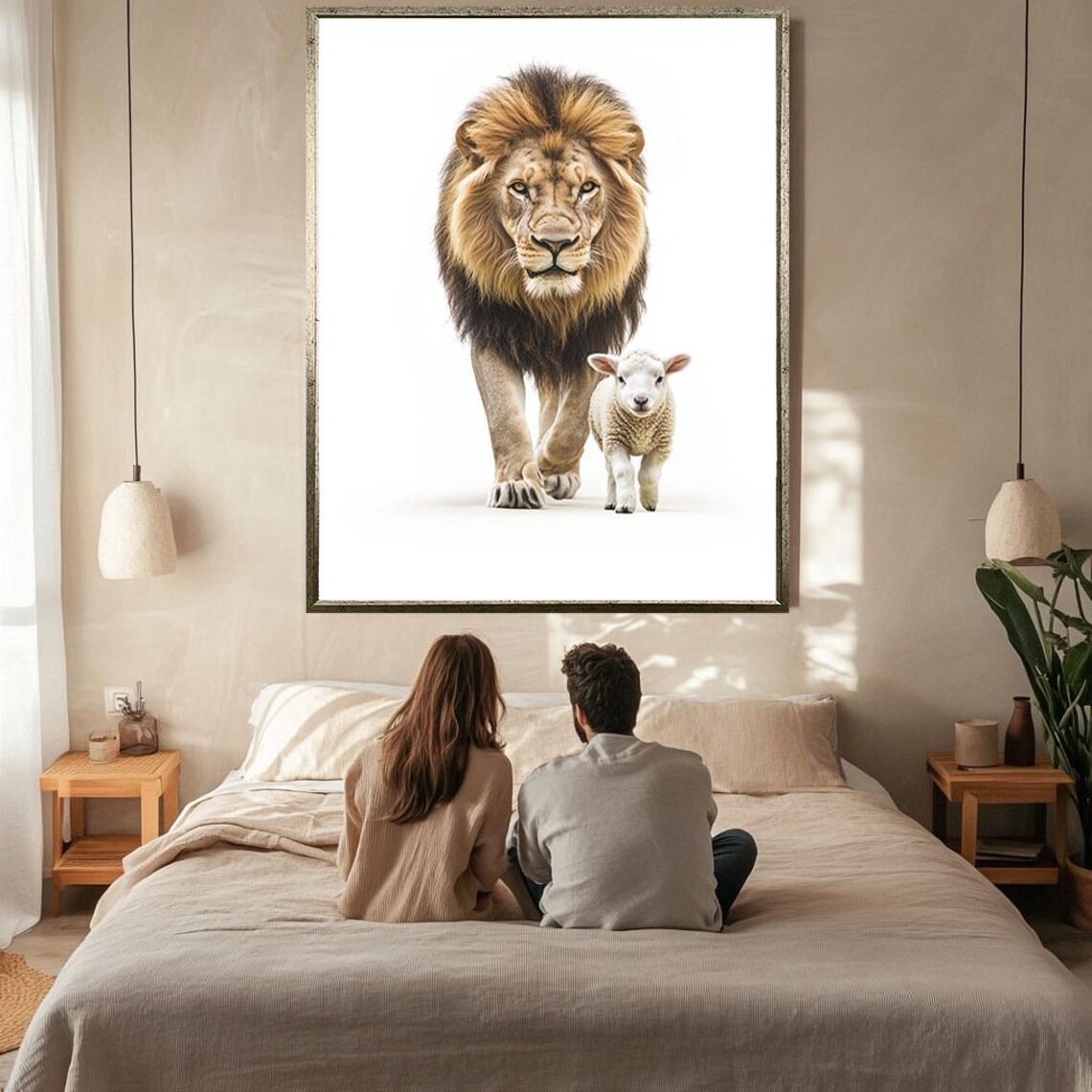 Lion And Lamb Walking Together Minimalist White Background Faith Print - Image 2