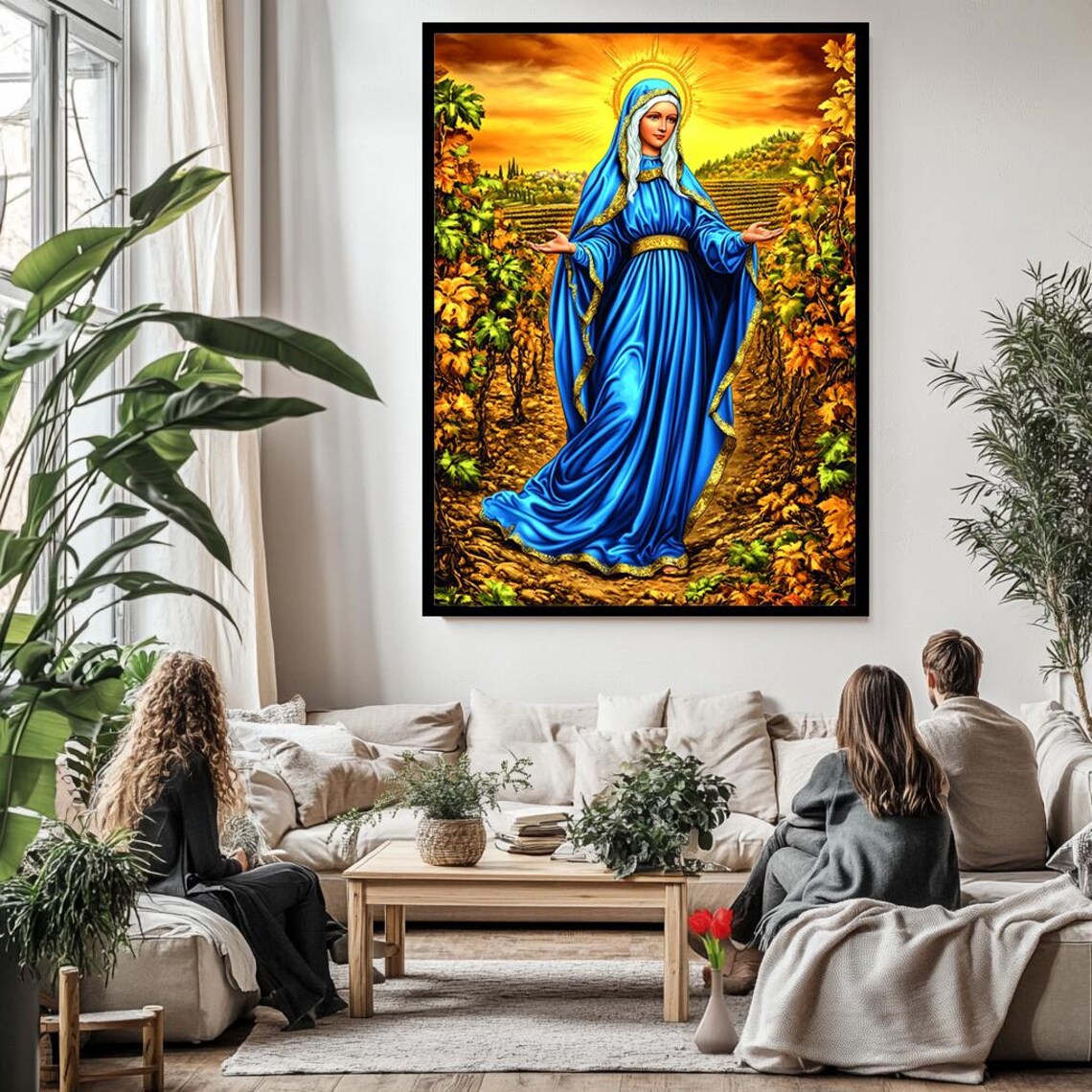 Virgin Mary In Blue Robe Vineyard Sunset Golden Halo Religious Poster - Image 3