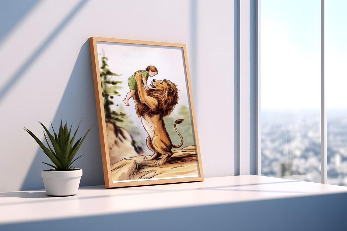 Gentle Lion Lifting Little Boy Storybook Illustration Nursery Wall Art - Image 2