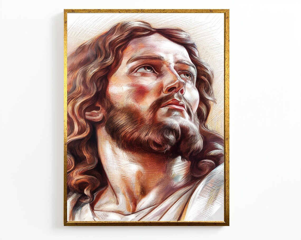 Jesus Christ Looking Heavenward Warm Colored Pencil Portrait Sketch Print - Image 4